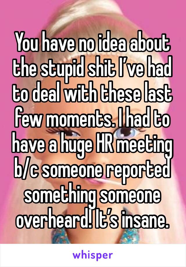 You have no idea about the stupid shit I’ve had to deal with these last few moments. I had to have a huge HR meeting b/c someone reported something someone overheard! It’s insane.