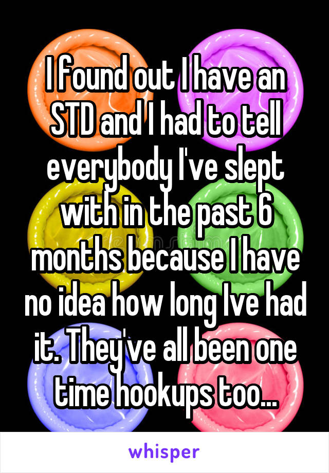I found out I have an STD and I had to tell everybody I've slept with in the past 6 months because I have no idea how long Ive had it. They've all been one time hookups too...