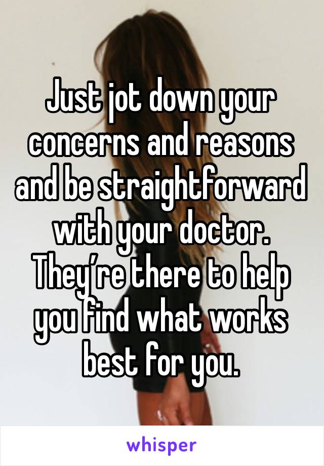 Just jot down your concerns and reasons and be straightforward with your doctor. They’re there to help you find what works best for you. 