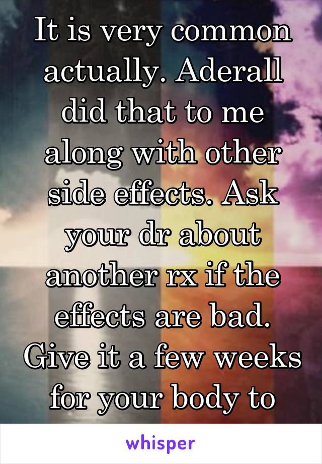 It is very common actually. Aderall did that to me along with other side effects. Ask your dr about another rx if the effects are bad. Give it a few weeks for your body to adjust. 