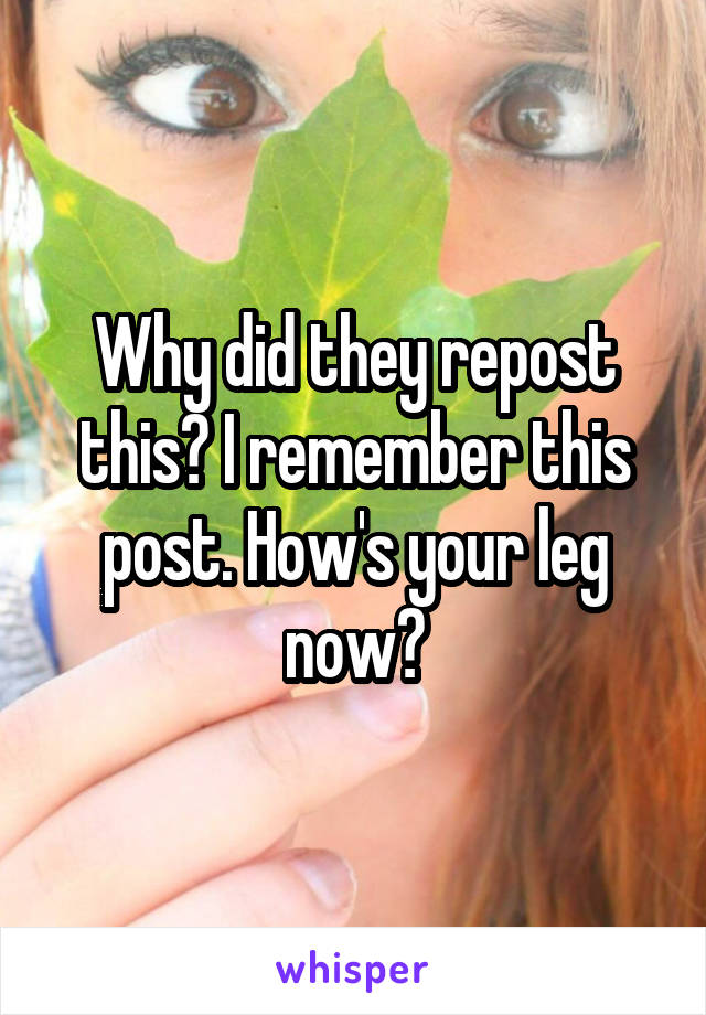 Why did they repost this? I remember this post. How's your leg now?