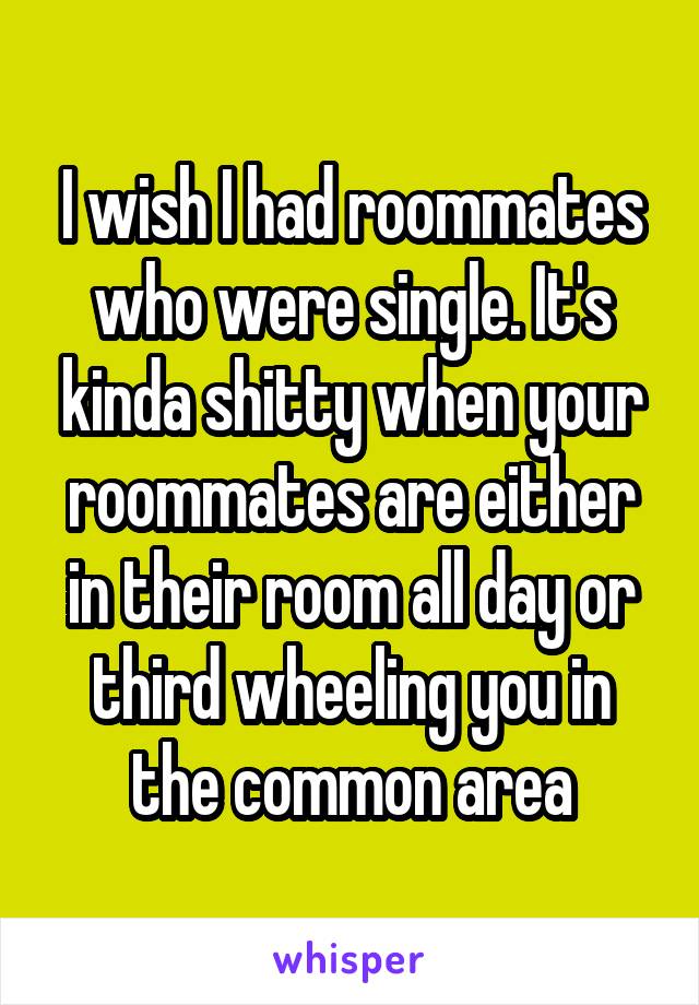 I wish I had roommates who were single. It's kinda shitty when your roommates are either in their room all day or third wheeling you in the common area