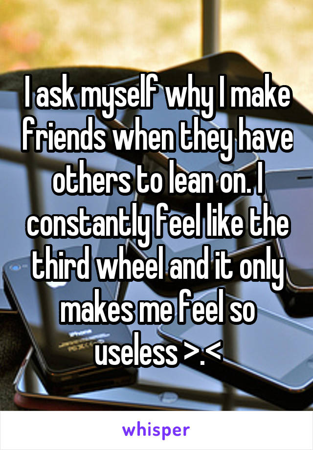 I ask myself why I make friends when they have others to lean on. I constantly feel like the third wheel and it only makes me feel so useless >.<