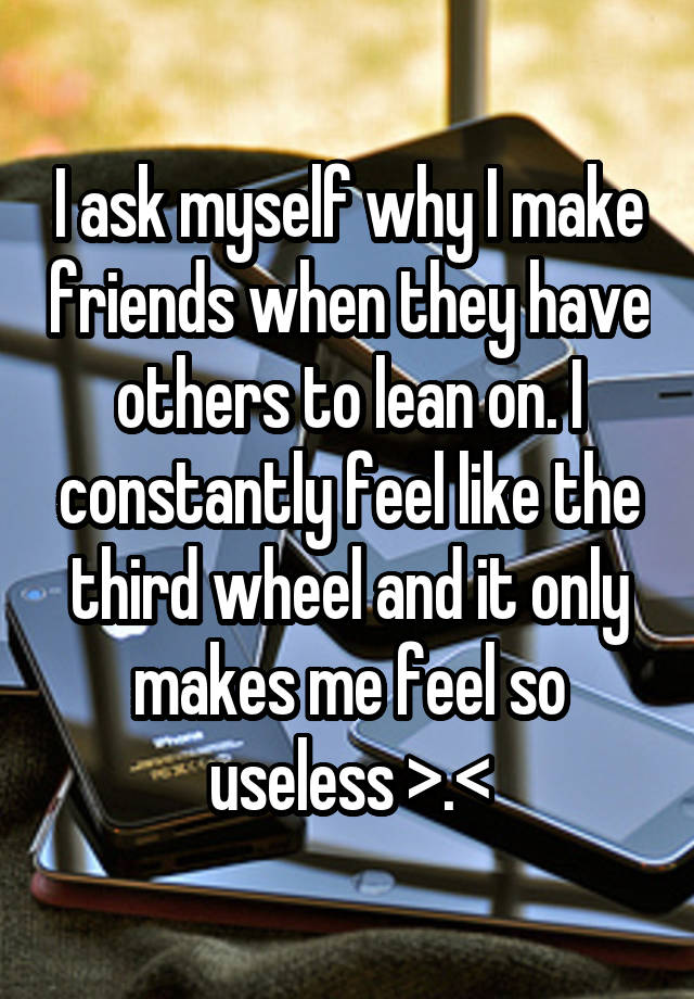 I ask myself why I make friends when they have others to lean on. I constantly feel like the third wheel and it only makes me feel so useless >.<