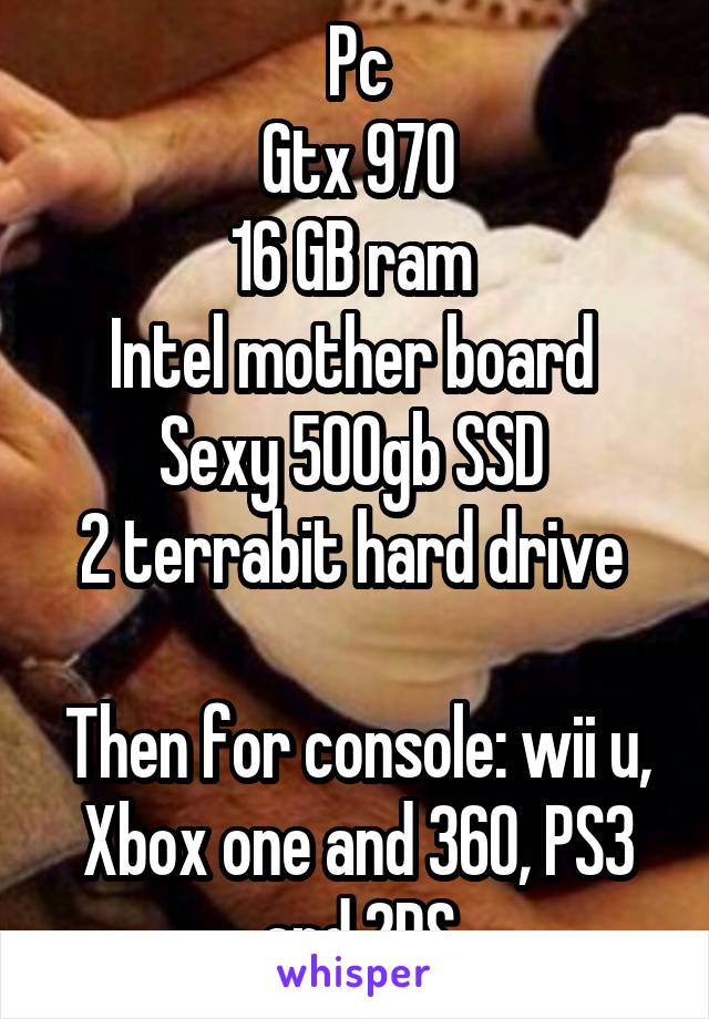 Pc
Gtx 970
16 GB ram 
Intel mother board 
Sexy 500gb SSD 
2 terrabit hard drive 

Then for console: wii u, Xbox one and 360, PS3 and 2DS