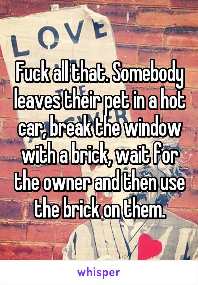 Fuck all that. Somebody leaves their pet in a hot car, break the window with a brick, wait for the owner and then use the brick on them.