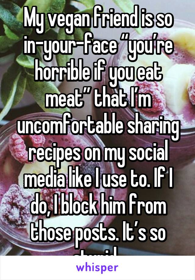 My vegan friend is so in-your-face “you’re horrible if you eat meat” that I’m uncomfortable sharing recipes on my social media like I use to. If I do, I block him from those posts. It’s so stupid. 