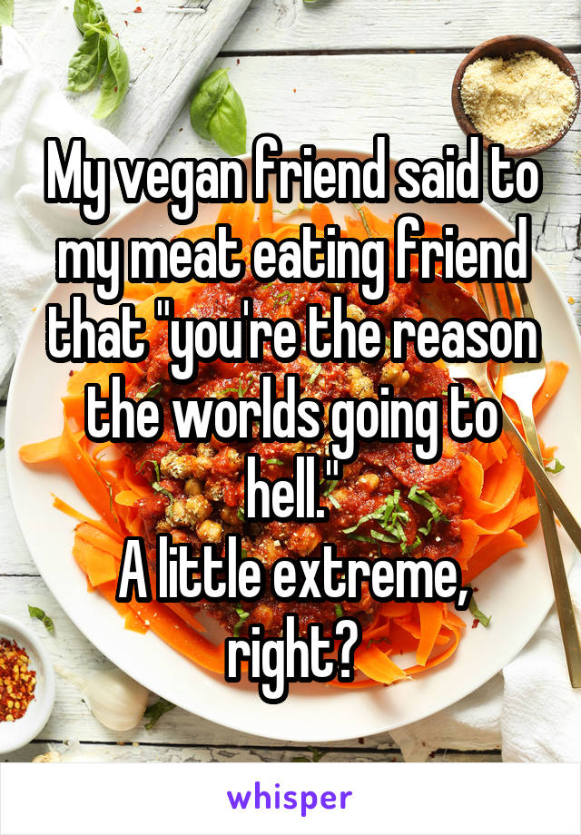 My vegan friend said to my meat eating friend that "you're the reason the worlds going to hell."
A little extreme, right?