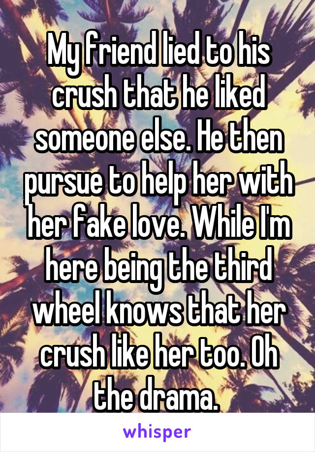 My friend lied to his crush that he liked someone else. He then pursue to help her with her fake love. While I'm here being the third wheel knows that her crush like her too. Oh the drama. 