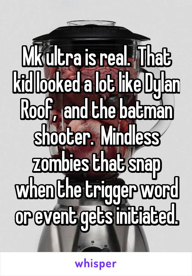 Mk ultra is real.  That kid looked a lot like Dylan Roof,  and the batman shooter.  Mindless zombies that snap when the trigger word or event gets initiated.