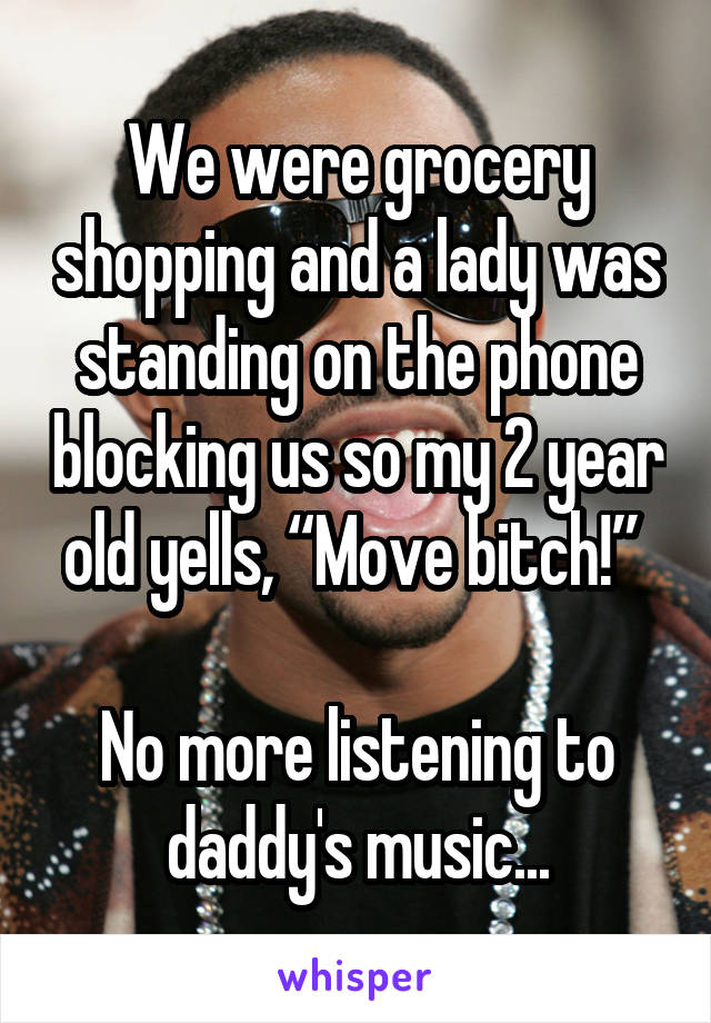 We were grocery shopping and a lady was standing on the phone blocking us so my 2 year old yells, “Move bitch!” 

No more listening to daddy's music...