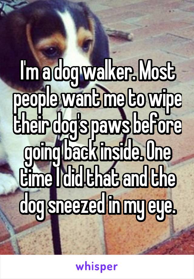 I'm a dog walker. Most people want me to wipe their dog's paws before going back inside. One time I did that and the dog sneezed in my eye.
