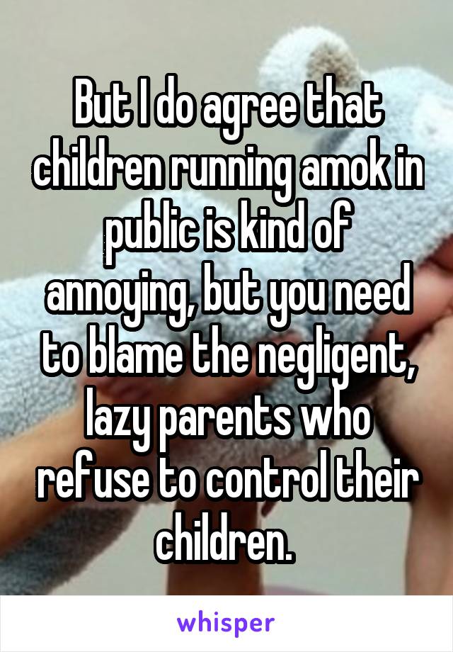 But I do agree that children running amok in public is kind of annoying, but you need to blame the negligent, lazy parents who refuse to control their children. 