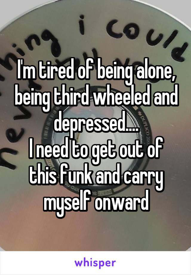 I'm tired of being alone, being third wheeled and depressed....
I need to get out of this funk and carry myself onward