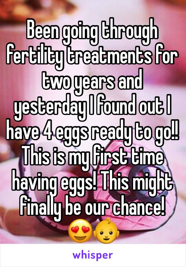 Been going through fertility treatments for two years and yesterday I found out I have 4 eggs ready to go!! This is my first time having eggs! This might finally be our chance! 😍👶