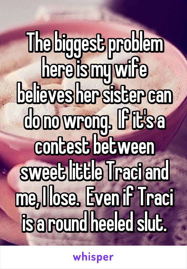 The biggest problem here is my wife believes her sister can do no wrong.  If it's a contest between sweet little Traci and me, I lose.  Even if Traci is a round heeled slut.