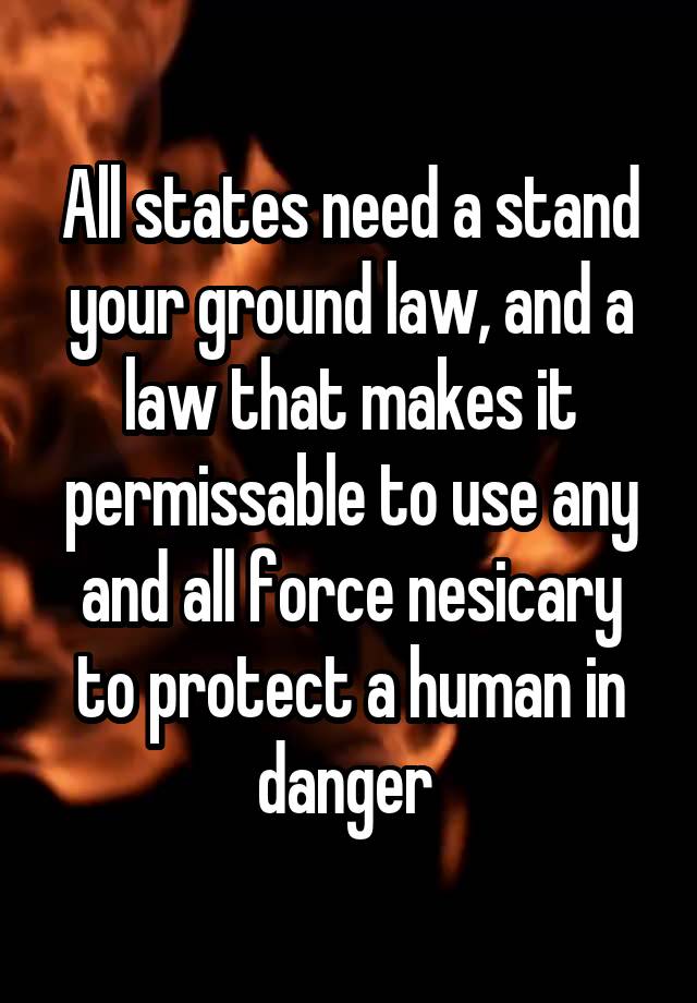 All states need a stand your ground law, and a law that makes it permissable to use any and all force nesicary to protect a human in danger 