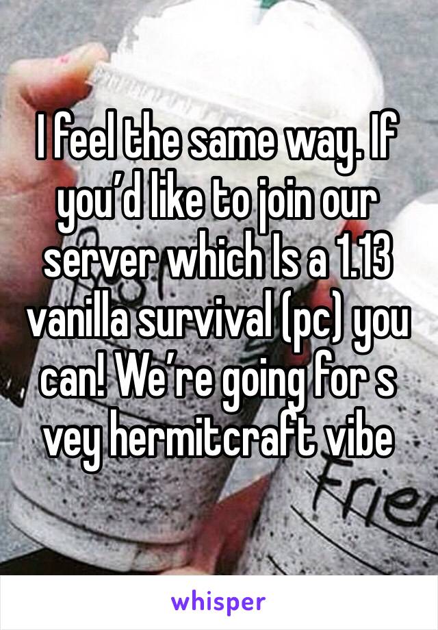 I feel the same way. If you’d like to join our server which Is a 1.13 vanilla survival (pc) you can! We’re going for s vey hermitcraft vibe