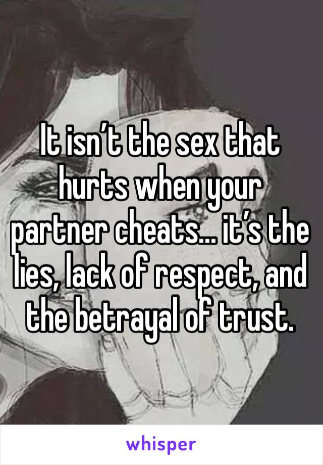 It isn’t the sex that hurts when your partner cheats... it’s the lies, lack of respect, and the betrayal of trust. 