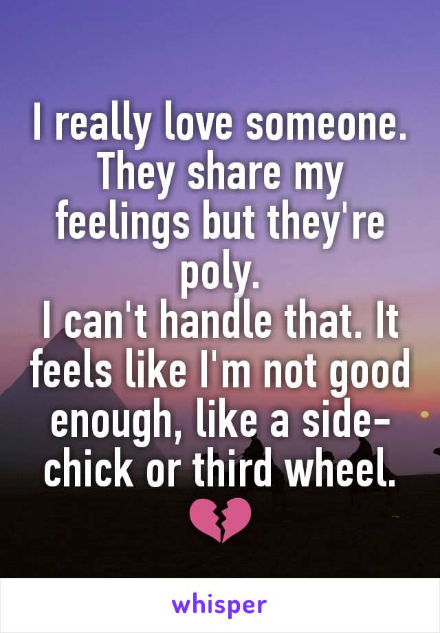 I really love someone. They share my feelings but they're poly.
I can't handle that. It feels like I'm not good enough, like a side-chick or third wheel.
💔