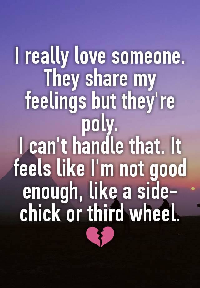 I really love someone. They share my feelings but they're poly.
I can't handle that. It feels like I'm not good enough, like a side-chick or third wheel.
💔