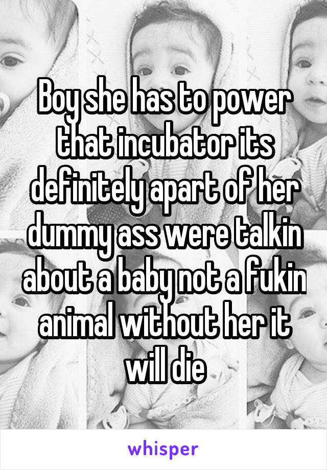 Boy she has to power that incubator its definitely apart of her dummy ass were talkin about a baby not a fukin animal without her it will die