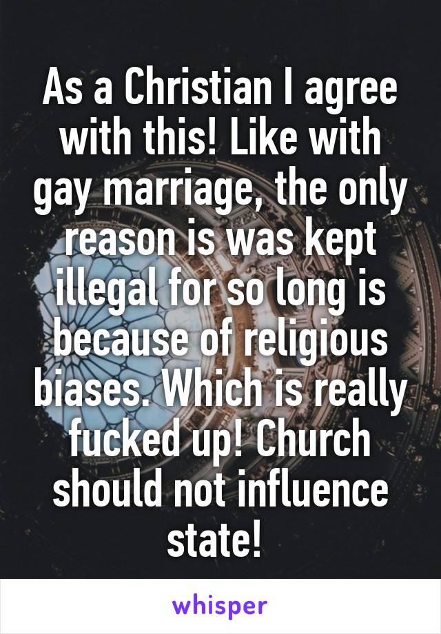 As a Christian I agree with this! Like with gay marriage, the only reason is was kept illegal for so long is because of religious biases. Which is really fucked up! Church should not influence state! 