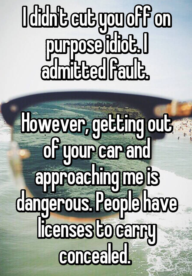 I didn't cut you off on purpose idiot. I admitted fault. 

However, getting out of your car and approaching me is dangerous. People have licenses to carry concealed. 