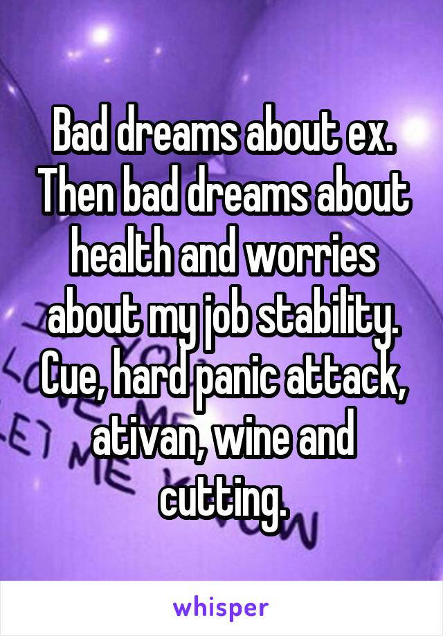 Bad dreams about ex. Then bad dreams about health and worries about my job stability.
Cue, hard panic attack, ativan, wine and cutting.