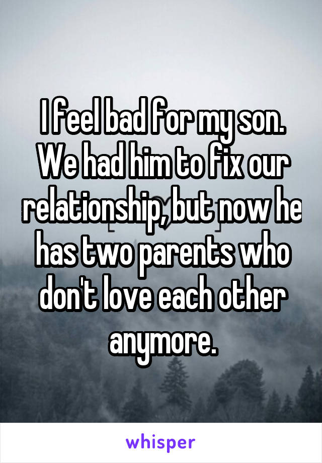 I feel bad for my son. We had him to fix our relationship, but now he has two parents who don't love each other anymore.