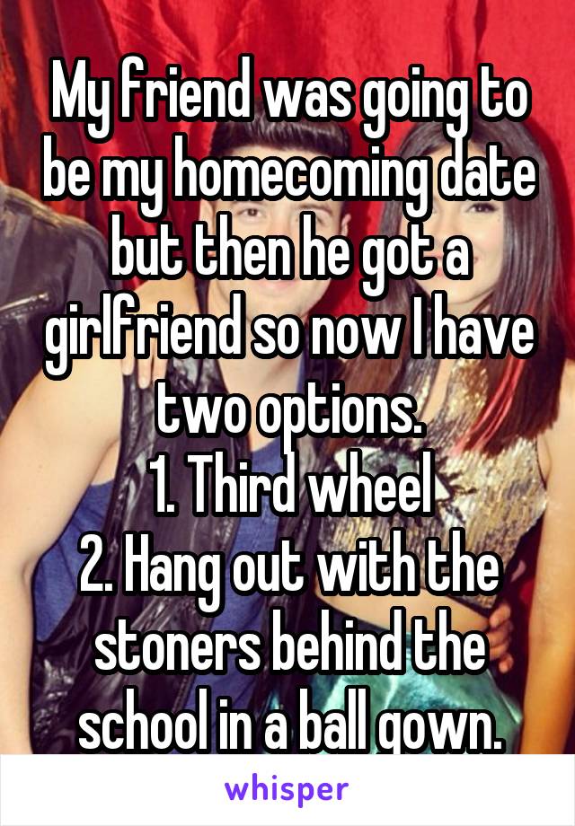 My friend was going to be my homecoming date but then he got a girlfriend so now I have two options.
1. Third wheel
2. Hang out with the stoners behind the school in a ball gown.