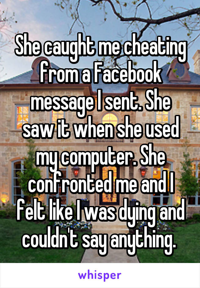 She caught me cheating from a Facebook message I sent. She saw it when she used my computer. She confronted me and I felt like I was dying and couldn't say anything. 