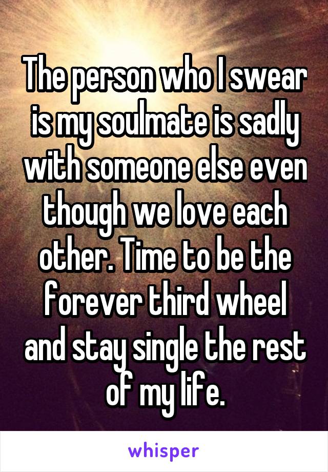 The person who I swear is my soulmate is sadly with someone else even though we love each other. Time to be the forever third wheel and stay single the rest of my life.