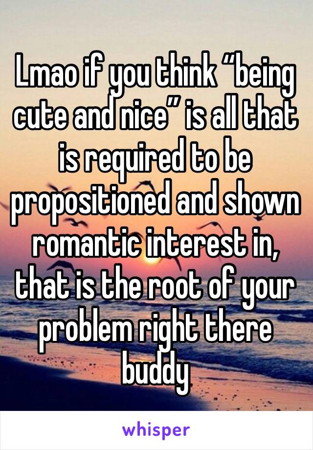 Lmao if you think “being cute and nice” is all that is required to be propositioned and shown romantic interest in, that is the root of your problem right there buddy