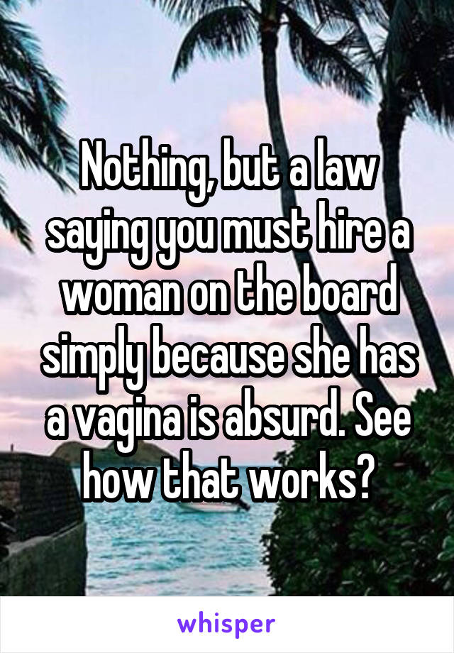 Nothing, but a law saying you must hire a woman on the board simply because she has a vagina is absurd. See how that works?