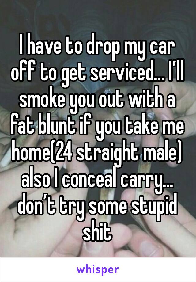 I have to drop my car off to get serviced... I’ll smoke you out with a fat blunt if you take me home(24 straight male) also I conceal carry... don’t try some stupid shit