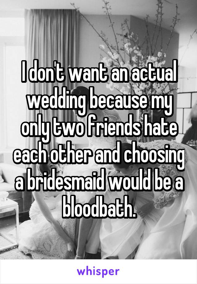 I don't want an actual wedding because my only two friends hate each other and choosing a bridesmaid would be a bloodbath.