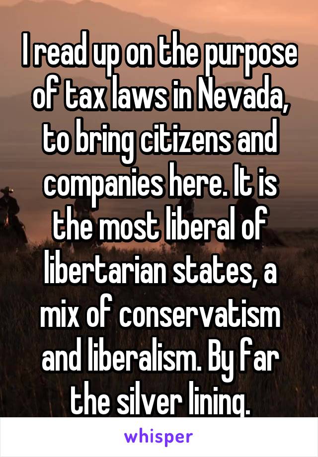 I read up on the purpose of tax laws in Nevada, to bring citizens and companies here. It is the most liberal of libertarian states, a mix of conservatism and liberalism. By far the silver lining.