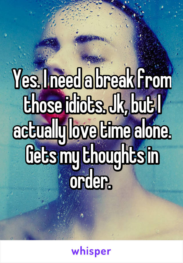 Yes. I need a break from those idiots. Jk, but I actually love time alone. Gets my thoughts in order. 