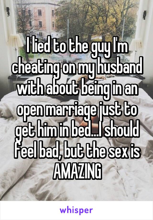 I lied to the guy I'm cheating on my husband with about being in an open marriage just to get him in bed...I should feel bad, but the sex is AMAZING