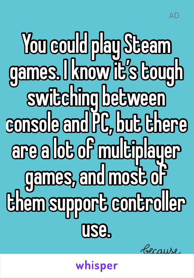 You could play Steam games. I know it’s tough switching between console and PC, but there are a lot of multiplayer games, and most of them support controller use. 