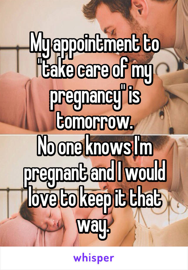 My appointment to "take care of my pregnancy" is tomorrow.
No one knows I'm pregnant and I would love to keep it that way. 