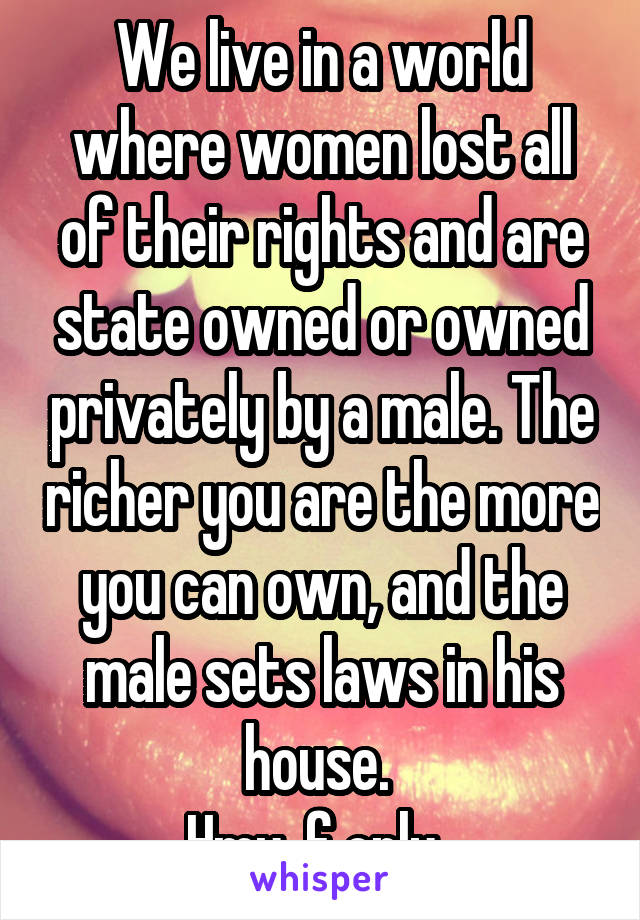 We live in a world where women lost all of their rights and are state owned or owned privately by a male. The richer you are the more you can own, and the male sets laws in his house. 
Hmu, f only. 