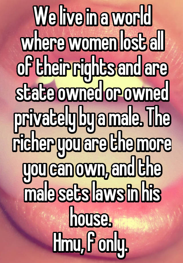 We live in a world where women lost all of their rights and are state owned or owned privately by a male. The richer you are the more you can own, and the male sets laws in his house. 
Hmu, f only. 