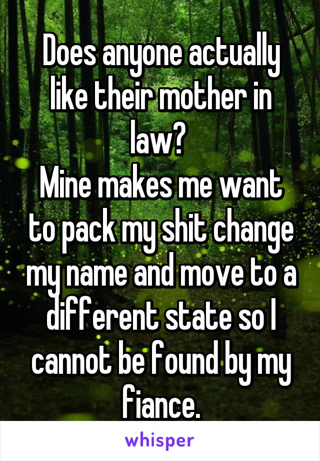 Does anyone actually like their mother in law? 
Mine makes me want to pack my shit change my name and move to a different state so I cannot be found by my fiance.