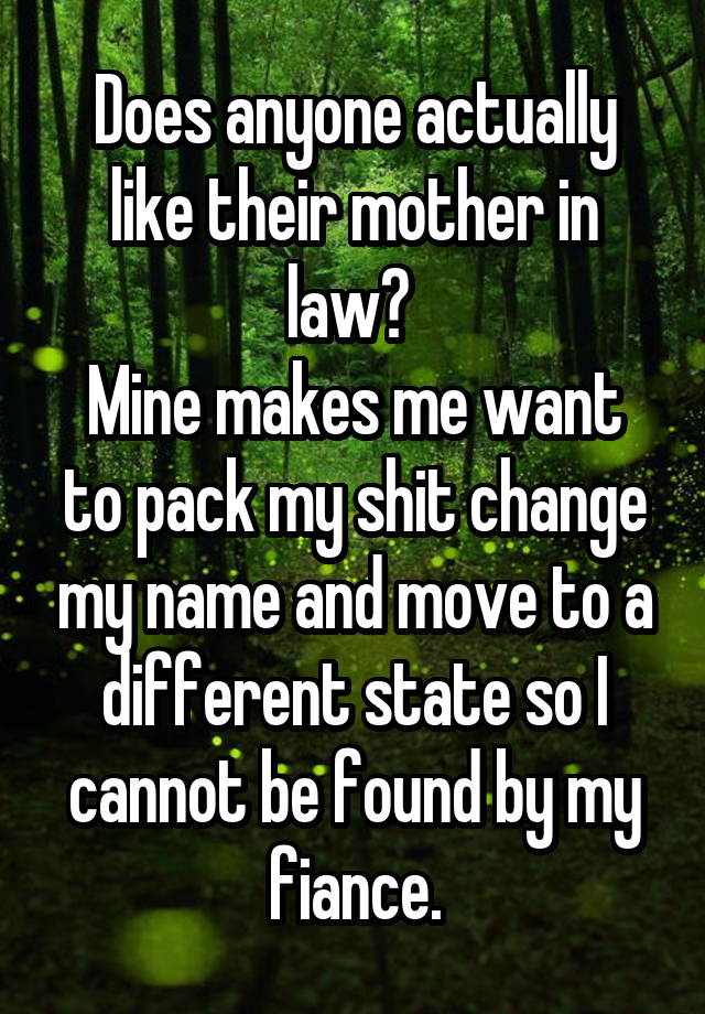 Does anyone actually like their mother in law? 
Mine makes me want to pack my shit change my name and move to a different state so I cannot be found by my fiance.