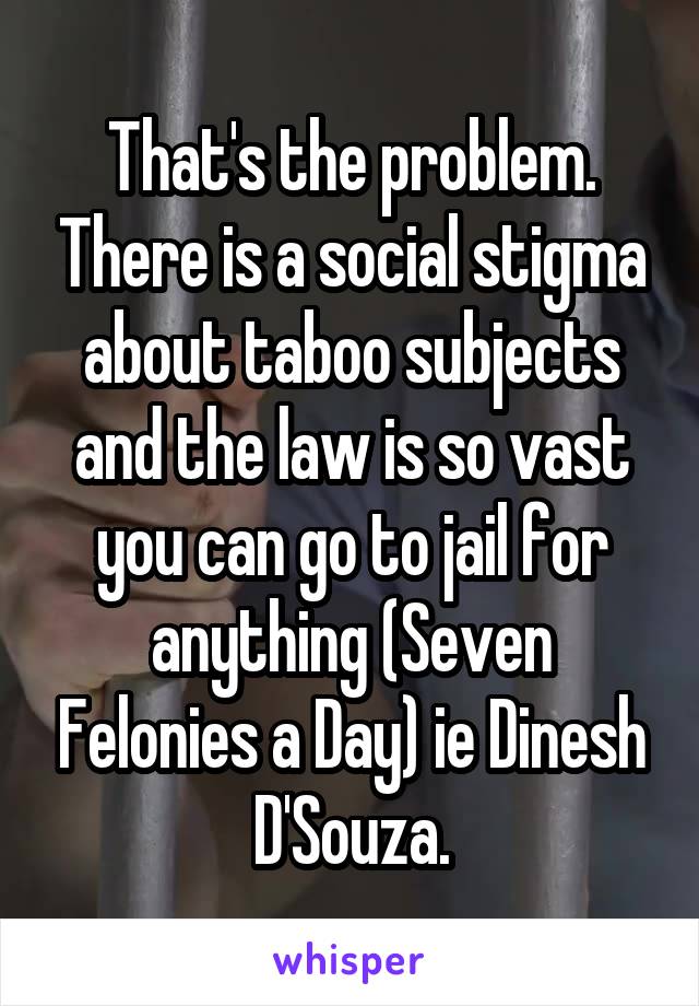 That's the problem. There is a social stigma about taboo subjects and the law is so vast you can go to jail for anything (Seven Felonies a Day) ie Dinesh D'Souza.