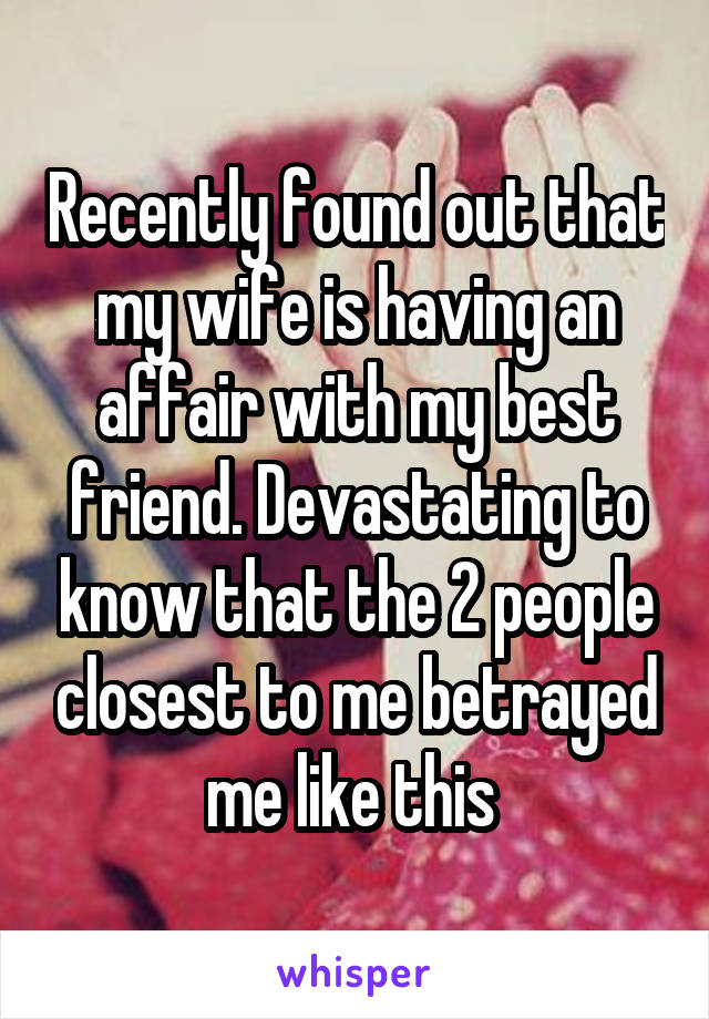 Recently found out that my wife is having an affair with my best friend. Devastating to know that the 2 people closest to me betrayed me like this 