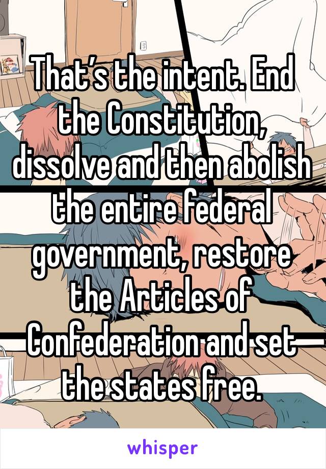 That’s the intent. End the Constitution, dissolve and then abolish the entire federal government, restore the Articles of Confederation and set the states free. 