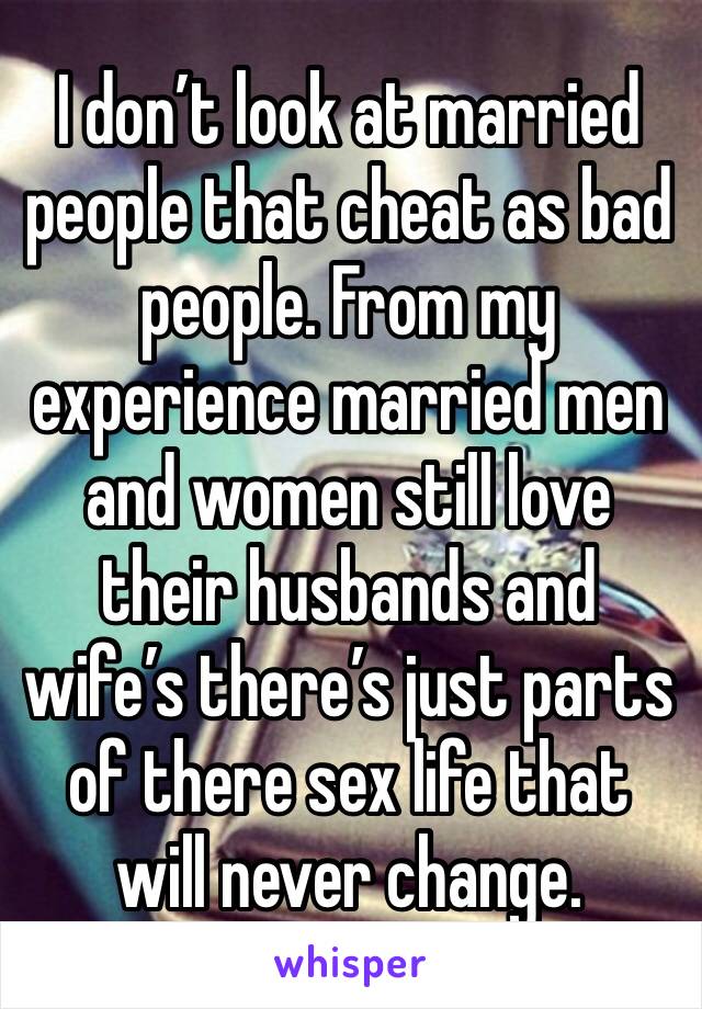I don’t look at married people that cheat as bad people. From my experience married men and women still love their husbands and wife’s there’s just parts of there sex life that will never change.